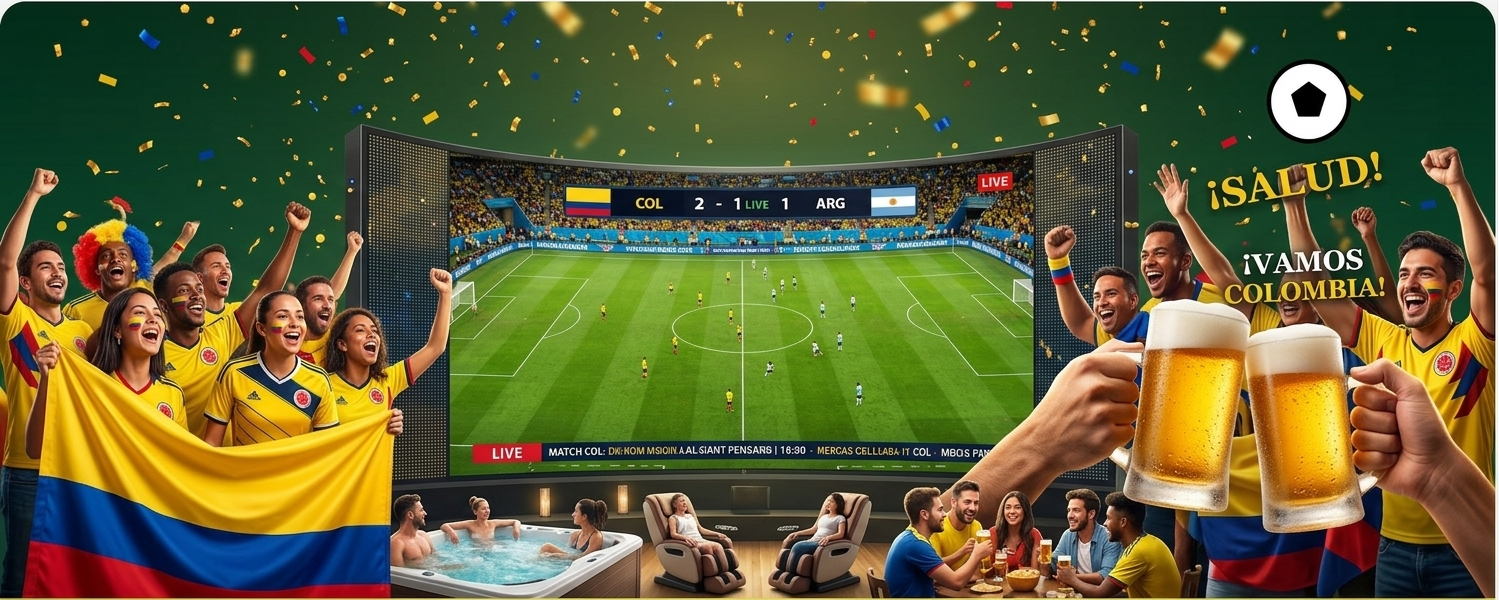 Plan Mundial 2026 Bogotá — amigos viendo Colombia en pantalla gigante con jacuzzi, cervezas y celebración tricolor en Serenity Spa